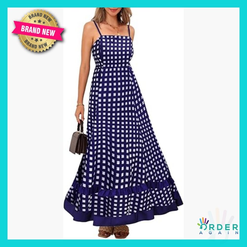 Checkered Maxi Dress Backless Ruffle Smocked A-Line Boho Chic Summer Beach